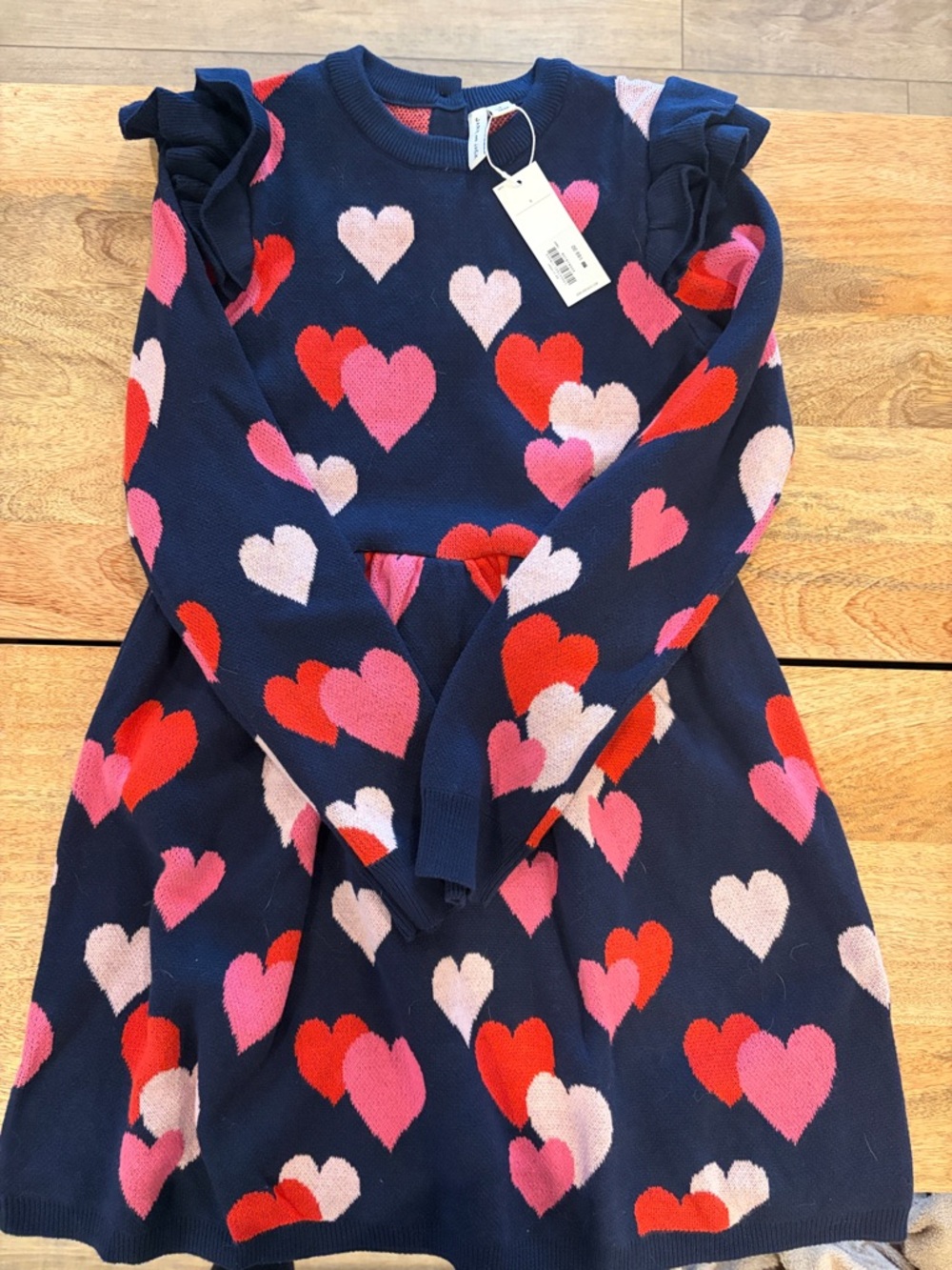 Navy Heart Knit Dress with Ruffle Shoulders